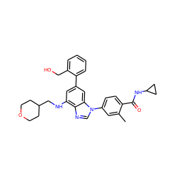 Cc1cc(-n2cnc3c(NCC4CCOCC4)cc(-c4ccccc4CO)cc32)ccc1C(=O)NC1CC1 ZINC000147668746