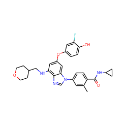 Cc1cc(-n2cnc3c(NCC4CCOCC4)cc(Oc4ccc(O)c(F)c4)cc32)ccc1C(=O)NC1CC1 ZINC000147607653