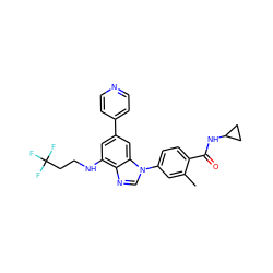 Cc1cc(-n2cnc3c(NCCC(F)(F)F)cc(-c4ccncc4)cc32)ccc1C(=O)NC1CC1 ZINC000147759424