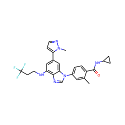 Cc1cc(-n2cnc3c(NCCC(F)(F)F)cc(-c4ccnn4C)cc32)ccc1C(=O)NC1CC1 ZINC000147711080