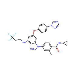 Cc1cc(-n2cnc3c(NCCC(F)(F)F)cc(Oc4ccc(-n5cncn5)cc4)cc32)ccc1C(=O)NC1CC1 ZINC000147778765