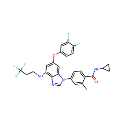 Cc1cc(-n2cnc3c(NCCC(F)(F)F)cc(Oc4ccc(F)c(F)c4)cc32)ccc1C(=O)NC1CC1 ZINC000203531465