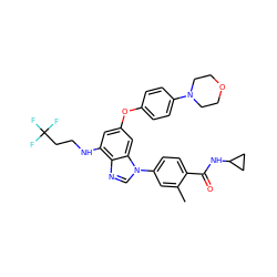 Cc1cc(-n2cnc3c(NCCC(F)(F)F)cc(Oc4ccc(N5CCOCC5)cc4)cc32)ccc1C(=O)NC1CC1 ZINC000147652194