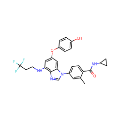 Cc1cc(-n2cnc3c(NCCC(F)(F)F)cc(Oc4ccc(O)cc4)cc32)ccc1C(=O)NC1CC1 ZINC000203532435