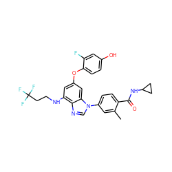 Cc1cc(-n2cnc3c(NCCC(F)(F)F)cc(Oc4ccc(O)cc4F)cc32)ccc1C(=O)NC1CC1 ZINC000147797586
