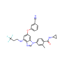 Cc1cc(-n2cnc3c(NCCC(F)(F)F)cc(Oc4cccc(C#N)c4)cc32)ccc1C(=O)NC1CC1 ZINC000147612162