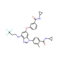 Cc1cc(-n2cnc3c(NCCC(F)(F)F)cc(Oc4cccc(C(=O)NC5CC5)c4)cc32)ccc1C(=O)NC1CC1 ZINC000147650395