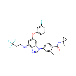 Cc1cc(-n2cnc3c(NCCC(F)(F)F)cc(Oc4cccc(F)c4)cc32)ccc1C(=O)NC1(C)CC1 ZINC000147705617