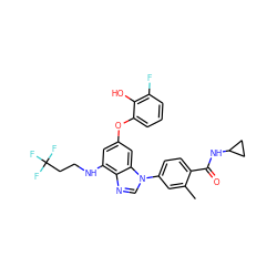 Cc1cc(-n2cnc3c(NCCC(F)(F)F)cc(Oc4cccc(F)c4O)cc32)ccc1C(=O)NC1CC1 ZINC000147767068