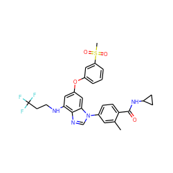 Cc1cc(-n2cnc3c(NCCC(F)(F)F)cc(Oc4cccc(S(C)(=O)=O)c4)cc32)ccc1C(=O)NC1CC1 ZINC000147703236