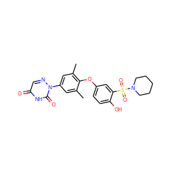 Cc1cc(-n2ncc(=O)[nH]c2=O)cc(C)c1Oc1ccc(O)c(S(=O)(=O)N2CCCCC2)c1 ZINC000013487248