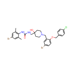 Cc1cc(Br)cc(C)c1NC(=O)NCC1(O)CCN(Cc2cc(Br)ccc2OCc2ccc(Cl)cc2)CC1 ZINC000028822138