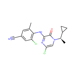 Cc1cc(C#N)cc(Cl)c1Nc1nc(Cl)cn([C@H](C)C2CC2)c1=O ZINC000043074429