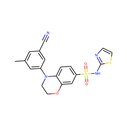 Cc1cc(C#N)cc(N2CCOc3cc(S(=O)(=O)Nc4nccs4)ccc32)c1 ZINC000205739575