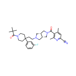 Cc1cc(C#N)nc(C)c1C(=O)N1C[C@@H]2CN(CCC3(c4cccc(F)c4)CCN(C(=O)C(C)(C)C)CC3)C[C@@H]2C1 ZINC000049757507