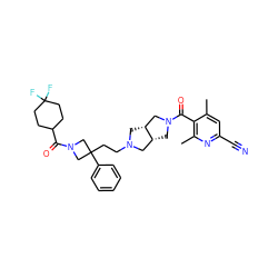 Cc1cc(C#N)nc(C)c1C(=O)N1C[C@@H]2CN(CCC3(c4ccccc4)CN(C(=O)C4CCC(F)(F)CC4)C3)C[C@@H]2C1 ZINC000049757017