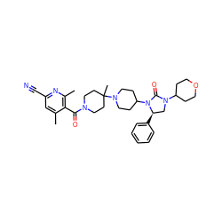 Cc1cc(C#N)nc(C)c1C(=O)N1CCC(C)(N2CCC(N3C(=O)N(C4CCOCC4)C[C@H]3c3ccccc3)CC2)CC1 ZINC000049775644