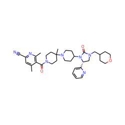 Cc1cc(C#N)nc(C)c1C(=O)N1CCC(C)(N2CCC(N3C(=O)N(CC4CCOCC4)C[C@@H]3c3ccccn3)CC2)CC1 ZINC000049777021