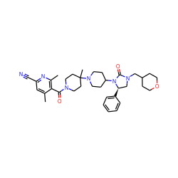 Cc1cc(C#N)nc(C)c1C(=O)N1CCC(C)(N2CCC(N3C(=O)N(CC4CCOCC4)C[C@H]3c3ccccc3)CC2)CC1 ZINC000049777312