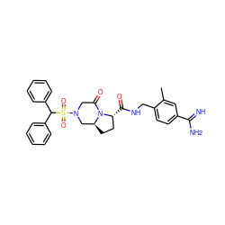 Cc1cc(C(=N)N)ccc1CNC(=O)[C@@H]1CC[C@H]2CN(S(=O)(=O)C(c3ccccc3)c3ccccc3)CC(=O)N21 ZINC000034689144