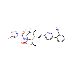 Cc1cc(C(=O)N[C@@]23CC(F)(F)[C@@H](C)[C@H](/C=C/c4ccc(-c5ccccc5C#N)cn4)[C@@H]2[C@@H](C)OC3=O)no1 ZINC001772652667