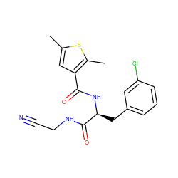 Cc1cc(C(=O)N[C@@H](Cc2cccc(Cl)c2)C(=O)NCC#N)c(C)s1 ZINC000043070423