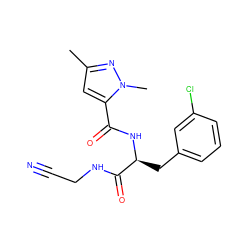 Cc1cc(C(=O)N[C@@H](Cc2cccc(Cl)c2)C(=O)NCC#N)n(C)n1 ZINC000043060331