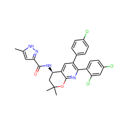 Cc1cc(C(=O)N[C@@H]2CC(C)(C)Oc3nc(-c4ccc(Cl)cc4Cl)c(-c4ccc(Cl)cc4)cc32)n[nH]1 ZINC000049793637