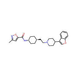 Cc1cc(C(=O)N[C@H]2CC[C@H](CCN3CCC(c4coc5ccccc45)CC3)CC2)on1 ZINC000261158773