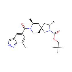 Cc1cc(C(=O)N2CC[C@]3(C[C@H](C)N(C(=O)OCC(C)(C)C)C3)C[C@@H]2C)cc2c[nH]nc12 ZINC000473147550