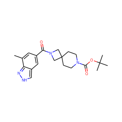 Cc1cc(C(=O)N2CC3(CCN(C(=O)OC(C)(C)C)CC3)C2)cc2c[nH]nc12 ZINC000473145728