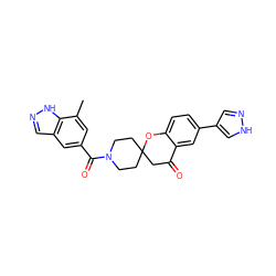 Cc1cc(C(=O)N2CCC3(CC2)CC(=O)c2cc(-c4cn[nH]c4)ccc2O3)cc2cn[nH]c12 ZINC000049068925