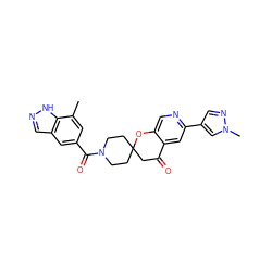 Cc1cc(C(=O)N2CCC3(CC2)CC(=O)c2cc(-c4cnn(C)c4)ncc2O3)cc2cn[nH]c12 ZINC000049112128