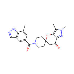 Cc1cc(C(=O)N2CCC3(CC2)CC(=O)c2nn(C)c(C)c2O3)cc2cn[nH]c12 ZINC000073296428