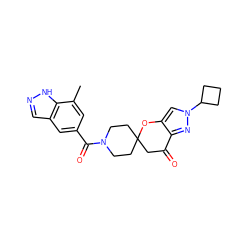 Cc1cc(C(=O)N2CCC3(CC2)CC(=O)c2nn(C4CCC4)cc2O3)cc2cn[nH]c12 ZINC000073295380