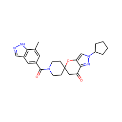 Cc1cc(C(=O)N2CCC3(CC2)CC(=O)c2nn(C4CCCC4)cc2O3)cc2cn[nH]c12 ZINC000073295382