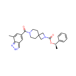 Cc1cc(C(=O)N2CCC3(CC2)CN(C(=O)O[C@H](C)c2ccccc2)C3)cc2c[nH]nc12 ZINC000473151593