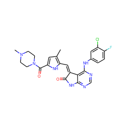 Cc1cc(C(=O)N2CCN(C)CC2)[nH]c1/C=C1\C(=O)Nc2ncnc(Nc3ccc(F)c(Cl)c3)c21 ZINC000026258225