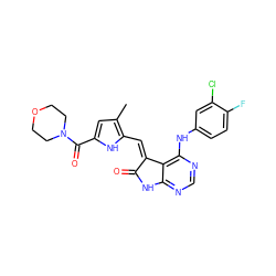 Cc1cc(C(=O)N2CCOCC2)[nH]c1/C=C1\C(=O)Nc2ncnc(Nc3ccc(F)c(Cl)c3)c21 ZINC000013445437