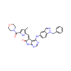 Cc1cc(C(=O)N2CCOCC2)[nH]c1/C=C1\C(=O)Nc2ncnc(Nc3ccc4c(cnn4Cc4ccccc4)c3)c21 ZINC000014944882