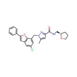 Cc1cc(C(=O)NC[C@H]2CCCO2)nn1Cc1cc(Cl)cc2cc(-c3ccccc3)oc12 ZINC000073169241