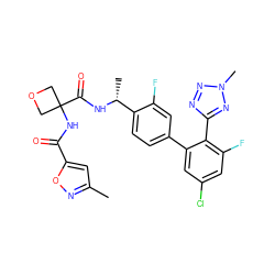 Cc1cc(C(=O)NC2(C(=O)N[C@H](C)c3ccc(-c4cc(Cl)cc(F)c4-c4nnn(C)n4)cc3F)COC2)on1 ZINC000169710382