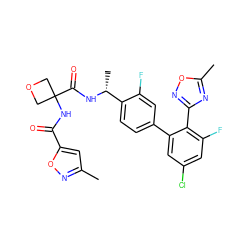 Cc1cc(C(=O)NC2(C(=O)N[C@H](C)c3ccc(-c4cc(Cl)cc(F)c4-c4noc(C)n4)cc3F)COC2)on1 ZINC000169710383