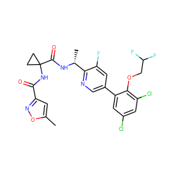 Cc1cc(C(=O)NC2(C(=O)N[C@H](C)c3ncc(-c4cc(Cl)cc(Cl)c4OCC(F)F)cc3F)CC2)no1 ZINC000029128923