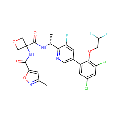 Cc1cc(C(=O)NC2(C(=O)N[C@H](C)c3ncc(-c4cc(Cl)cc(Cl)c4OCC(F)F)cc3F)COC2)on1 ZINC000169710365