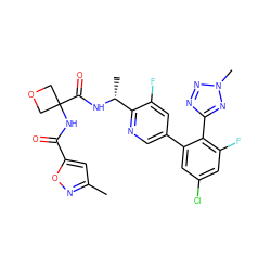 Cc1cc(C(=O)NC2(C(=O)N[C@H](C)c3ncc(-c4cc(Cl)cc(F)c4-c4nnn(C)n4)cc3F)COC2)on1 ZINC000169710378