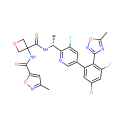 Cc1cc(C(=O)NC2(C(=O)N[C@H](C)c3ncc(-c4cc(Cl)cc(F)c4-c4noc(C)n4)cc3F)COC2)on1 ZINC000169287806