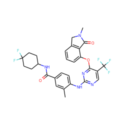 Cc1cc(C(=O)NC2CCC(F)(F)CC2)ccc1Nc1ncc(C(F)(F)F)c(Oc2cccc3c2C(=O)N(C)C3)n1 ZINC000146068998