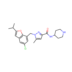 Cc1cc(C(=O)NC2CCNCC2)nn1Cc1cc(Cl)cc2cc(C(C)C)oc12 ZINC000073162823