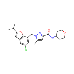 Cc1cc(C(=O)NC2CCOCC2)nn1Cc1cc(Cl)cc2cc(C(C)C)oc12 ZINC000073142398